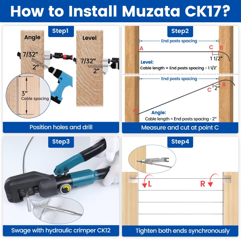 Muzata 100 Pack 1/8"" Cable Railing Hardware Kit Swage Lag Screws Left and Right Handed Thread for Wood Post T316 Stainless Steel Deck Cable Railing System 50 Pairs CK17 - Image 5